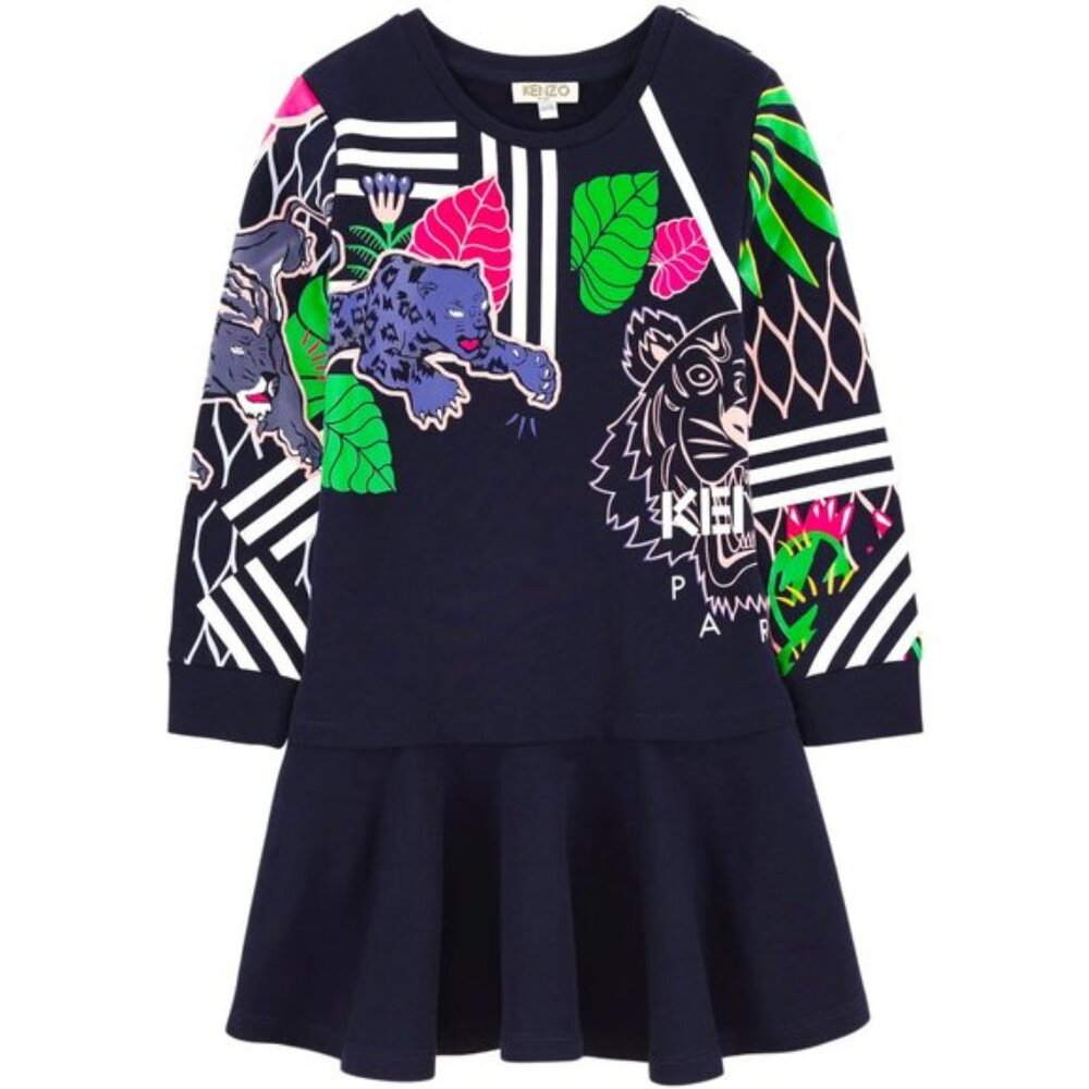 Kenzo Paris Girls Dark Navy Colorful Jungle Tiger Dress Sz 14 - Picture 4 of 14